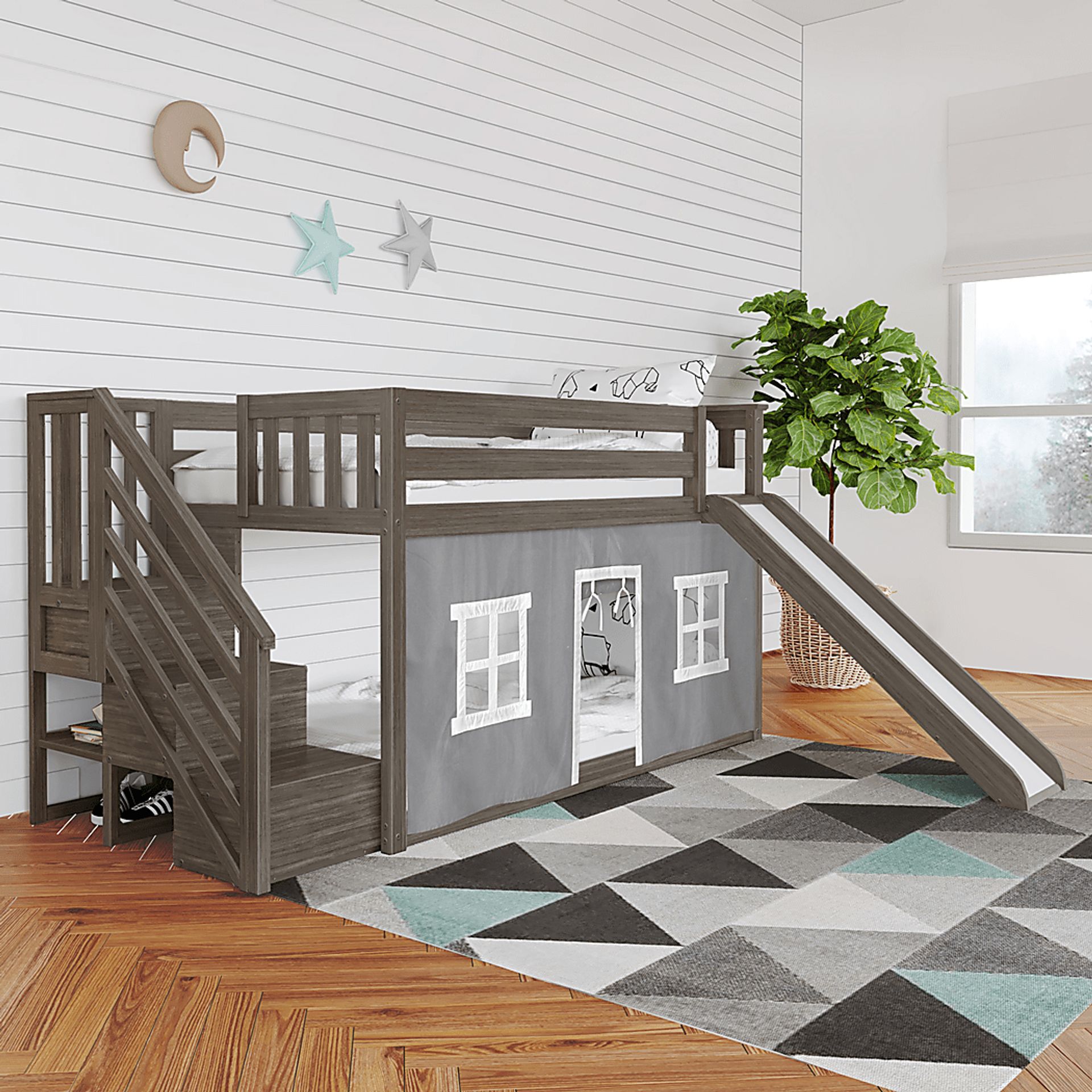 Kids Alwaes Brown Twin/Twin Low Bunk Bed with Slide and Gray Tent - Image 1