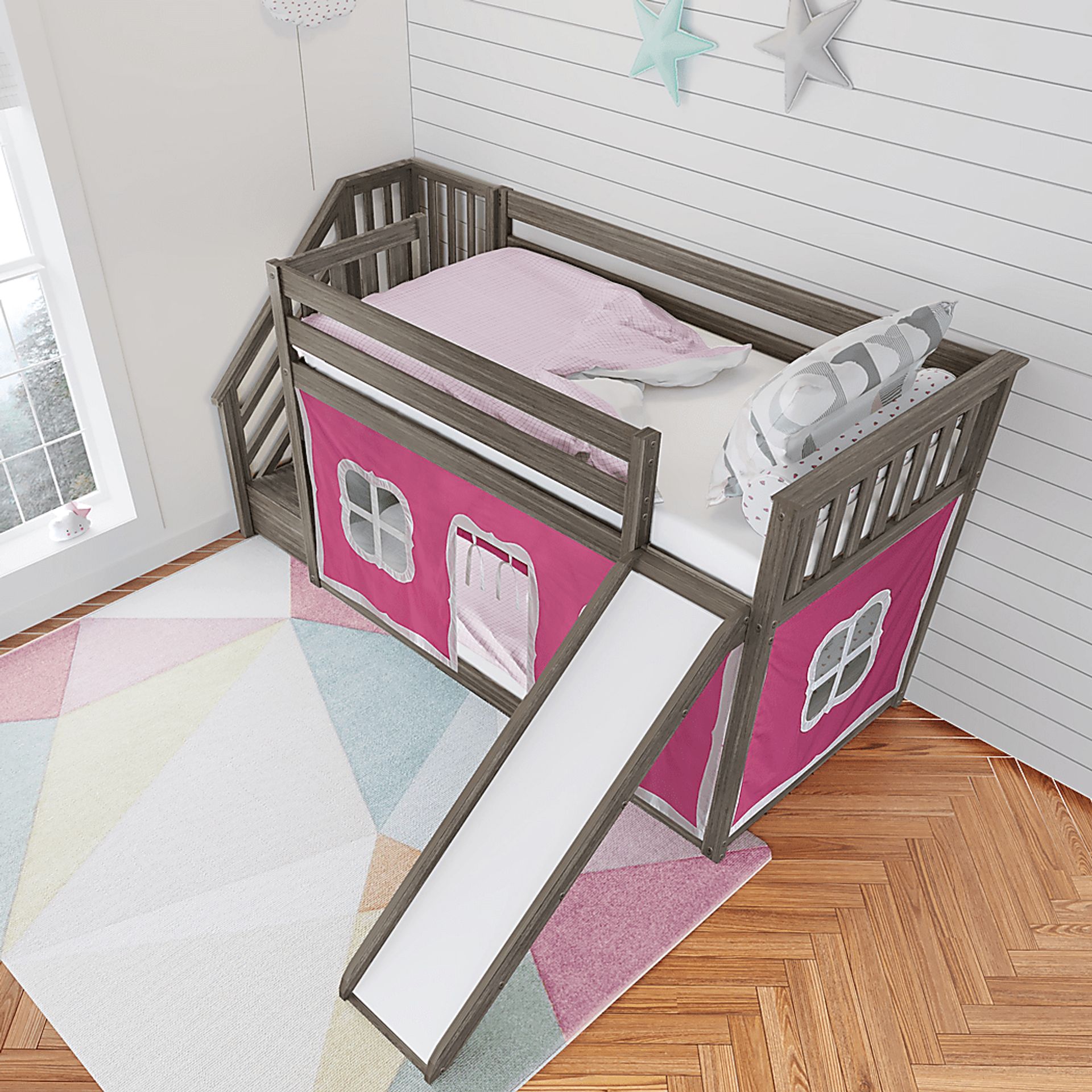 Kids Alwaes Brown Twin/Twin Low Bunk Bed with Slide and  Pink Tent - Image 3