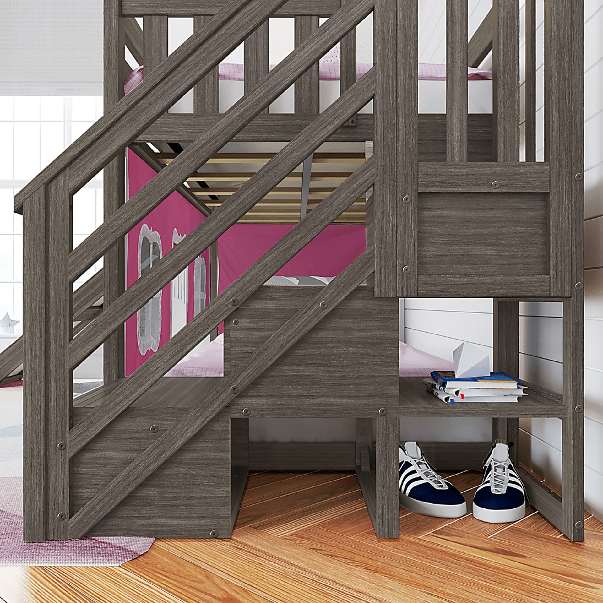 Kids Alwaes Brown Twin/Twin Low Bunk Bed with Slide and  Pink Tent - Image 4