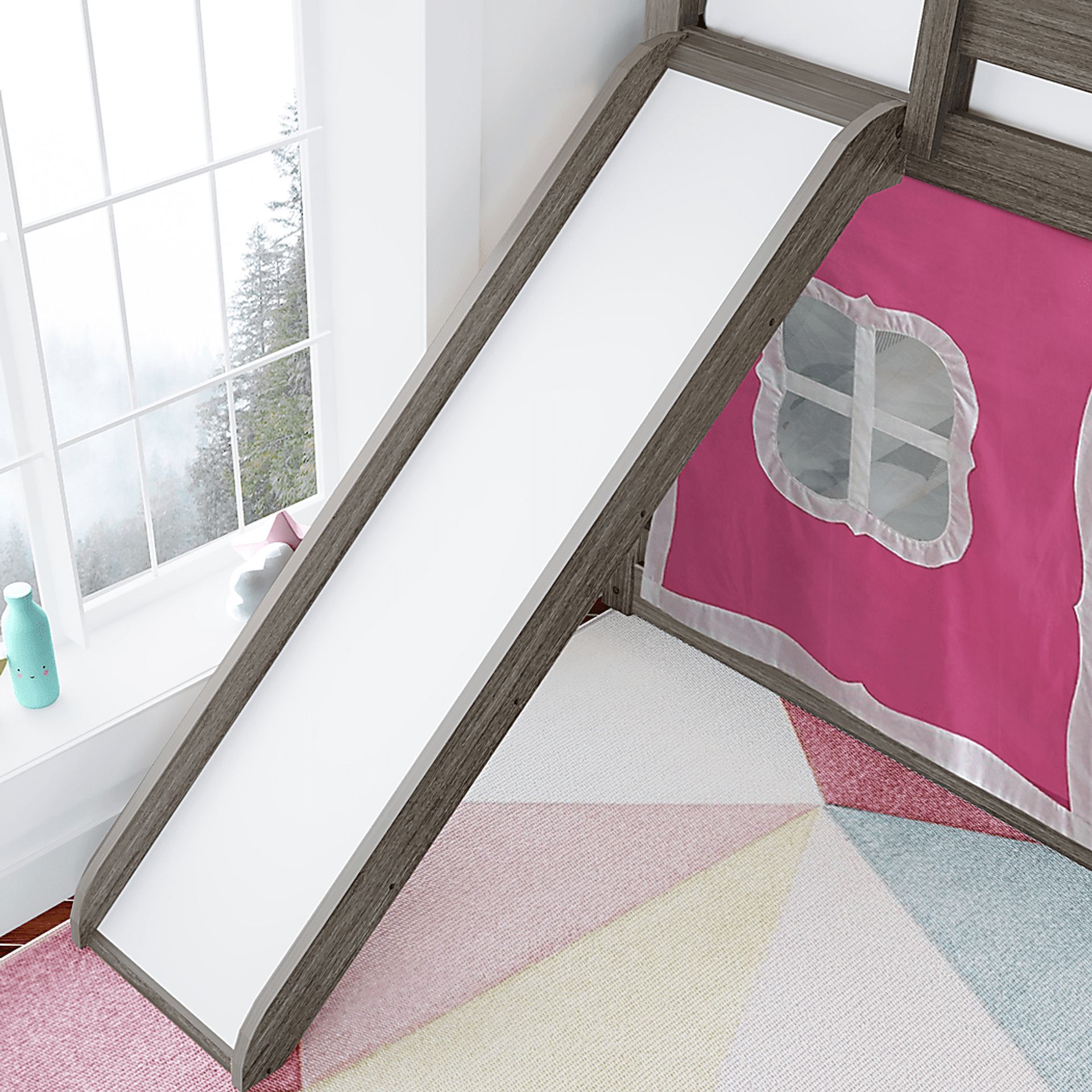 Kids Alwaes Brown Twin/Twin Low Bunk Bed with Slide and  Pink Tent - Image 6