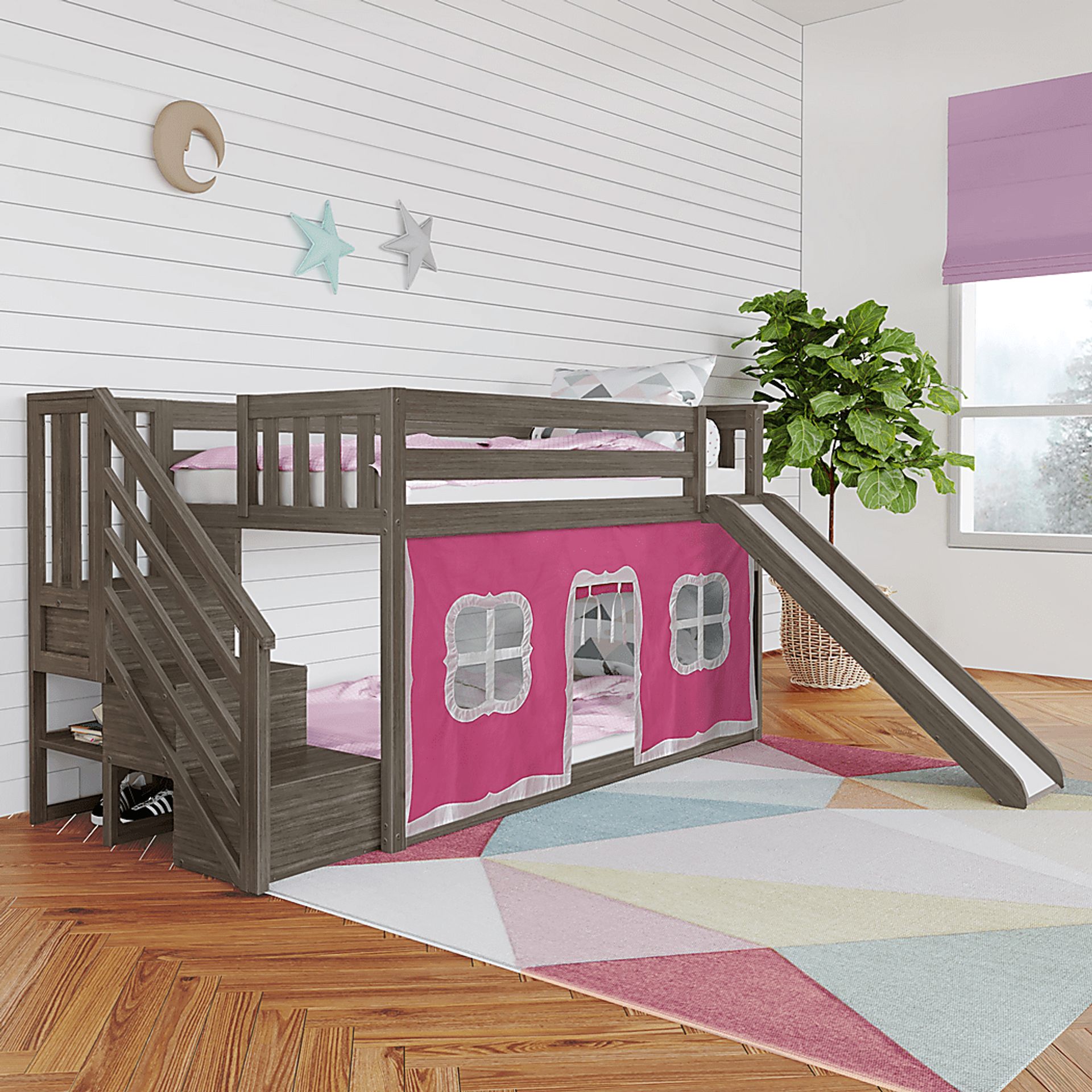 Kids Alwaes Brown Twin/Twin Low Bunk Bed with Slide and  Pink Tent - Image 1