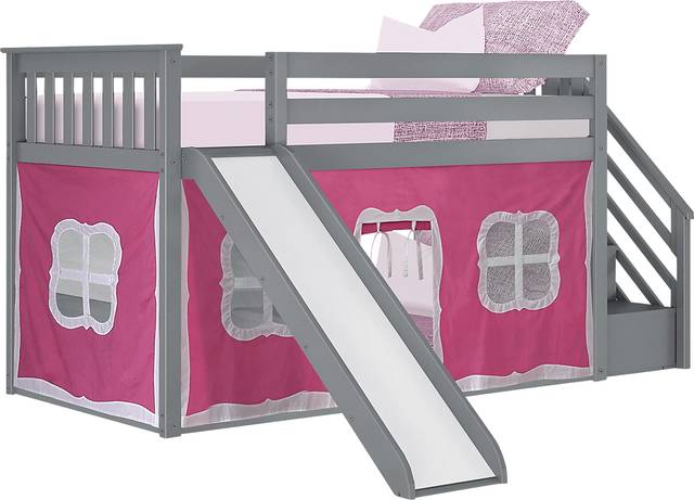 Kids Alwaes Gray Twin/Twin Low Bunk Bed with Slide and Pink Tent - Thumbnail - Image 2