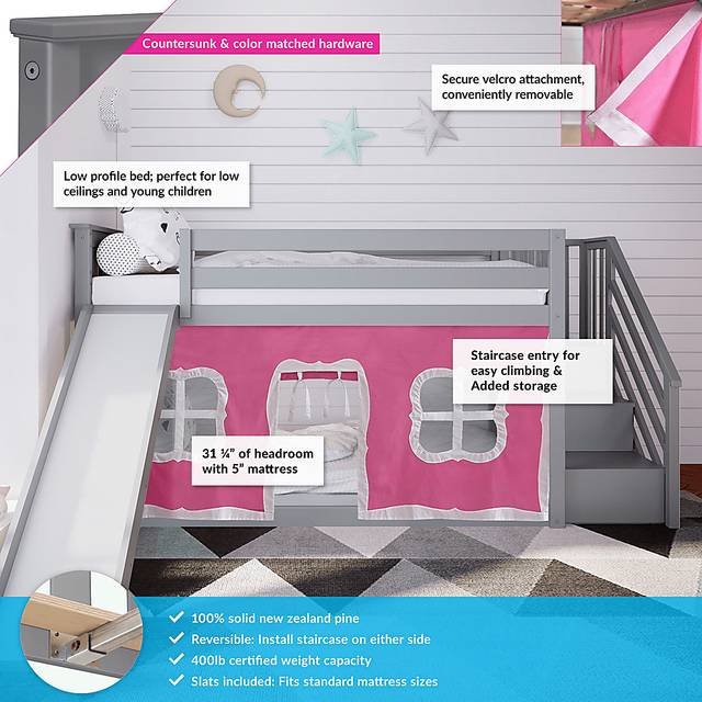 Kids Alwaes Gray Twin/Twin Low Bunk Bed with Slide and Pink Tent - Thumbnail - Image 3