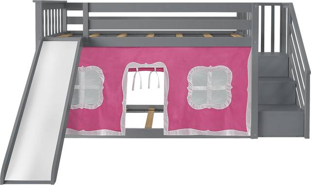 Kids Alwaes Gray Twin/Twin Low Bunk Bed with Slide and Pink Tent - Thumbnail - Image 4