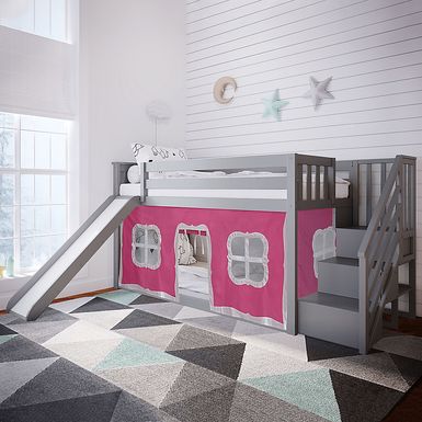 Kids Alwaes Gray Twin/Twin Low Bunk Bed with Slide and Pink Tent