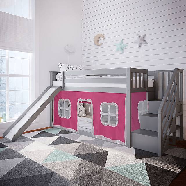 Kids Alwaes Gray Twin/Twin Low Bunk Bed with Slide and Pink Tent - Thumbnail - Image 1