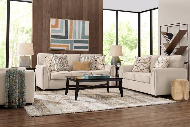 Amalie Beige 7 Pc Living Room with Gel Foam Sleeper Sofa - Thumbnail - Image 1