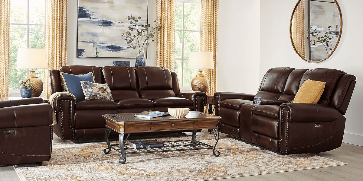 Amesbury Brown Leather Dual Power Reclining Sofa | Rooms to Go