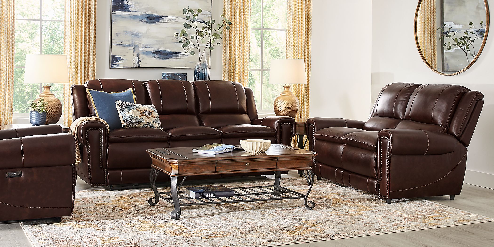pairscassina 革オットマン amesbury-brown-leather-2-pc-