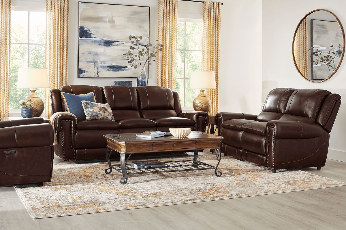Amesbury 3 Pc Brown Leather Dual Power Reclining Living Room Set With ...