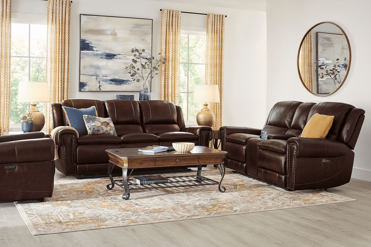 Amesbury 5 Pc Brown Leather Dual Power Reclining Living Room Set With ...