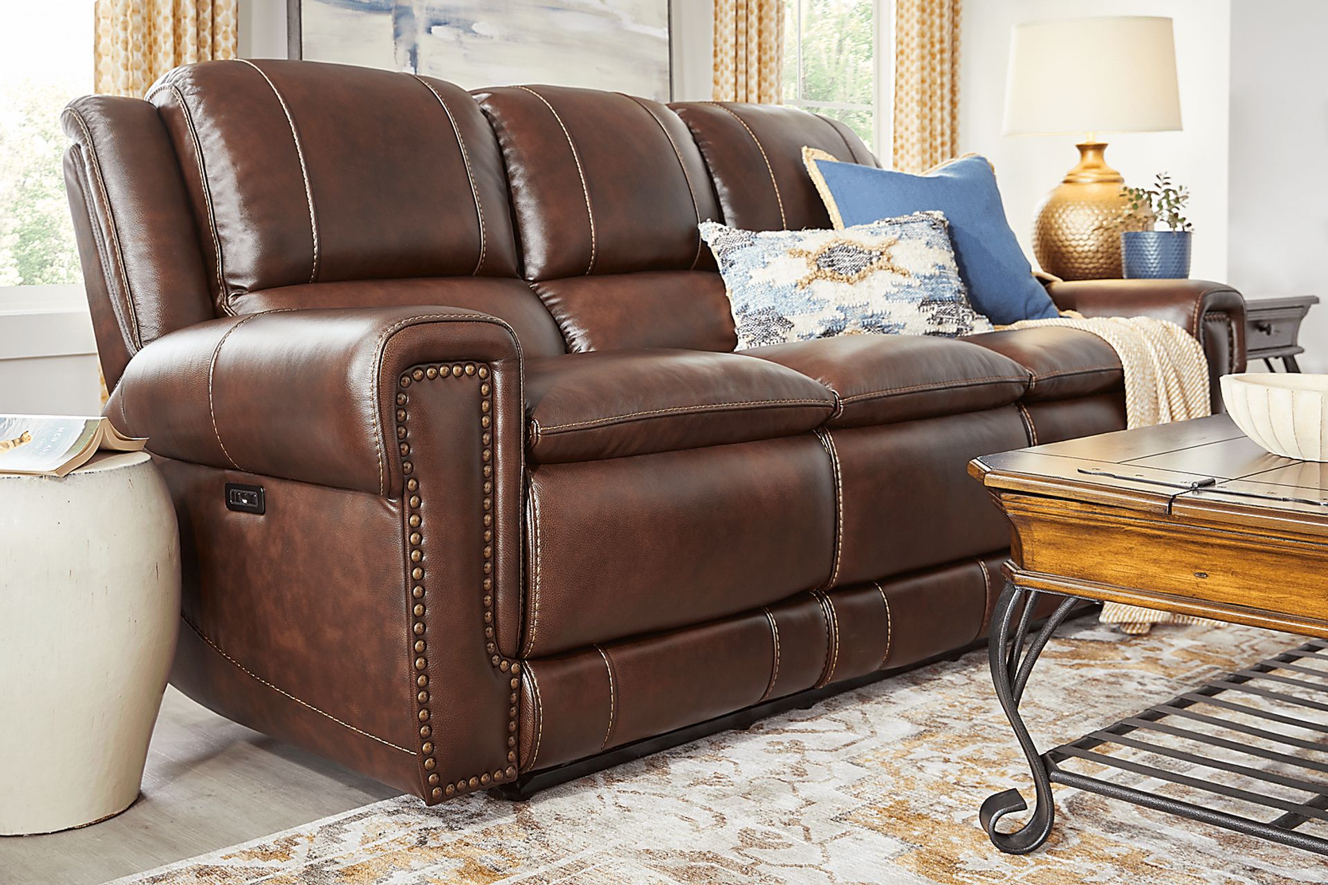 Amesbury Brown Leather 6 Pc Living Room with Dual Power Reclining Sofa - Image 7