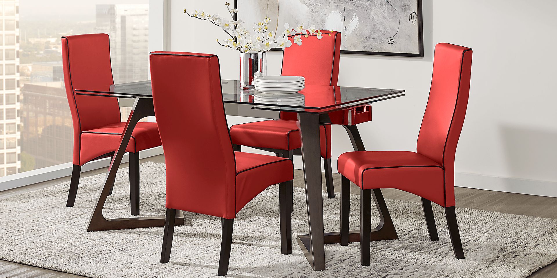 Amhearst Brown 5 Pc Rectangle Dining Set with Red Chairs - Image 1