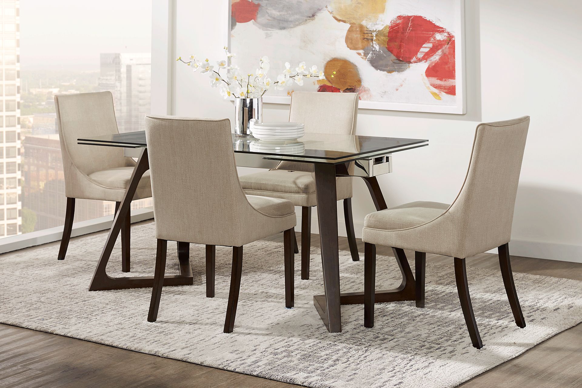 Amhearst Brown 5 Pc Rectangle Dining Set with Cream Chairs - Image 1