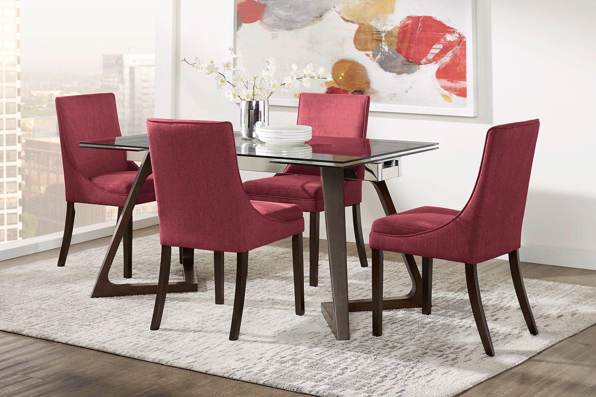 Amhearst Brown 5 Pc Rectangle Dining Set with Red Chairs - Image 1