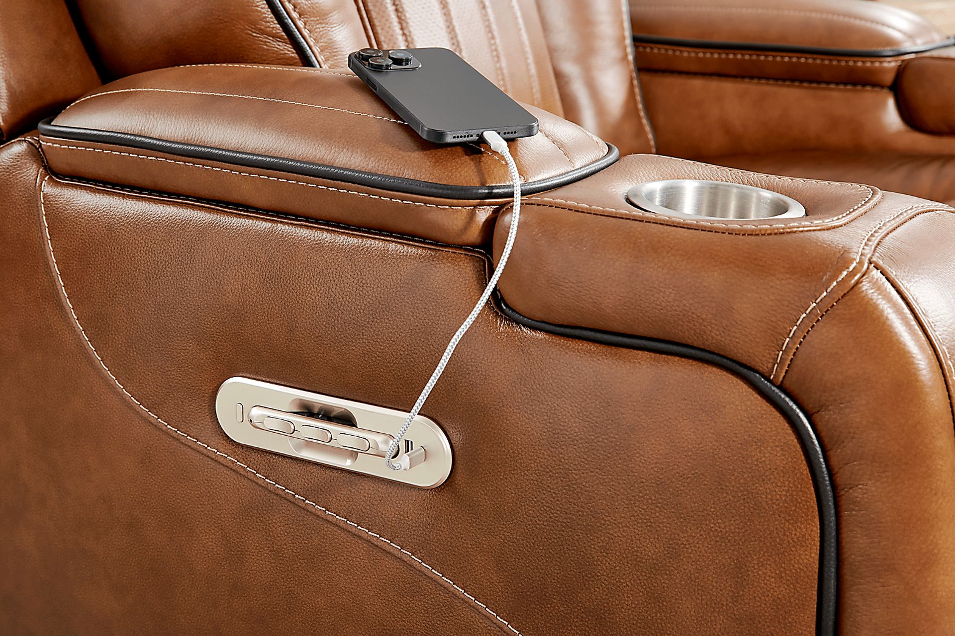 Amplify Brown 6 Pc Leather Triple Power Sectional - Image 3