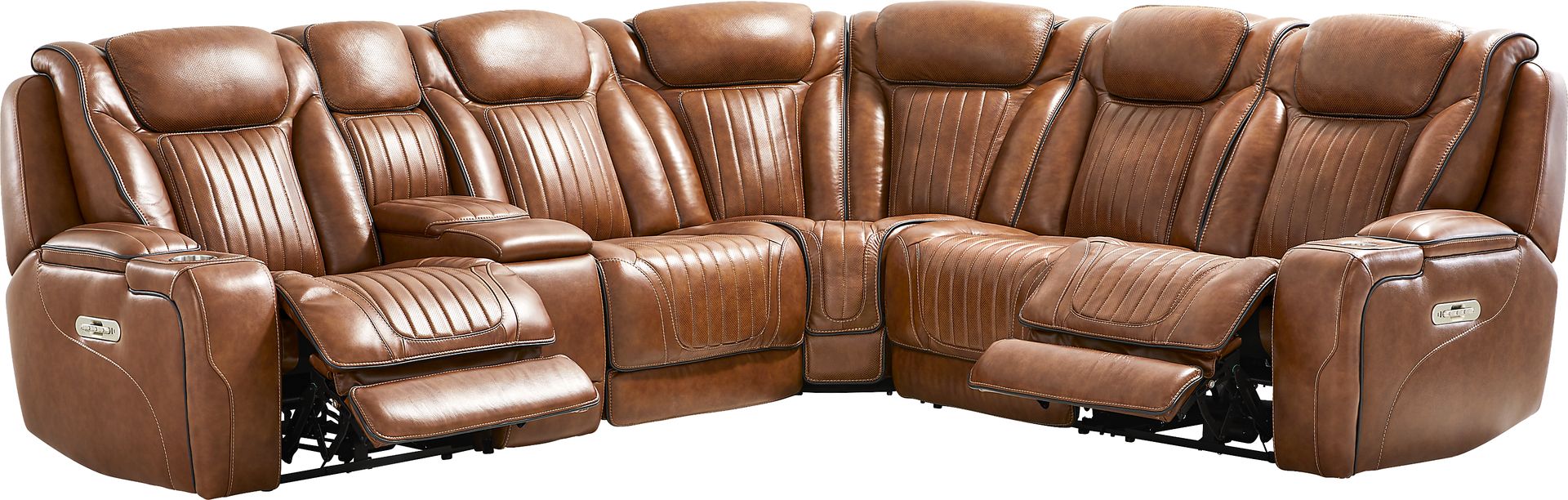 Amplify Brown 7 Pc Leather Triple Power Sectional Living Room with Recliner - Image 2