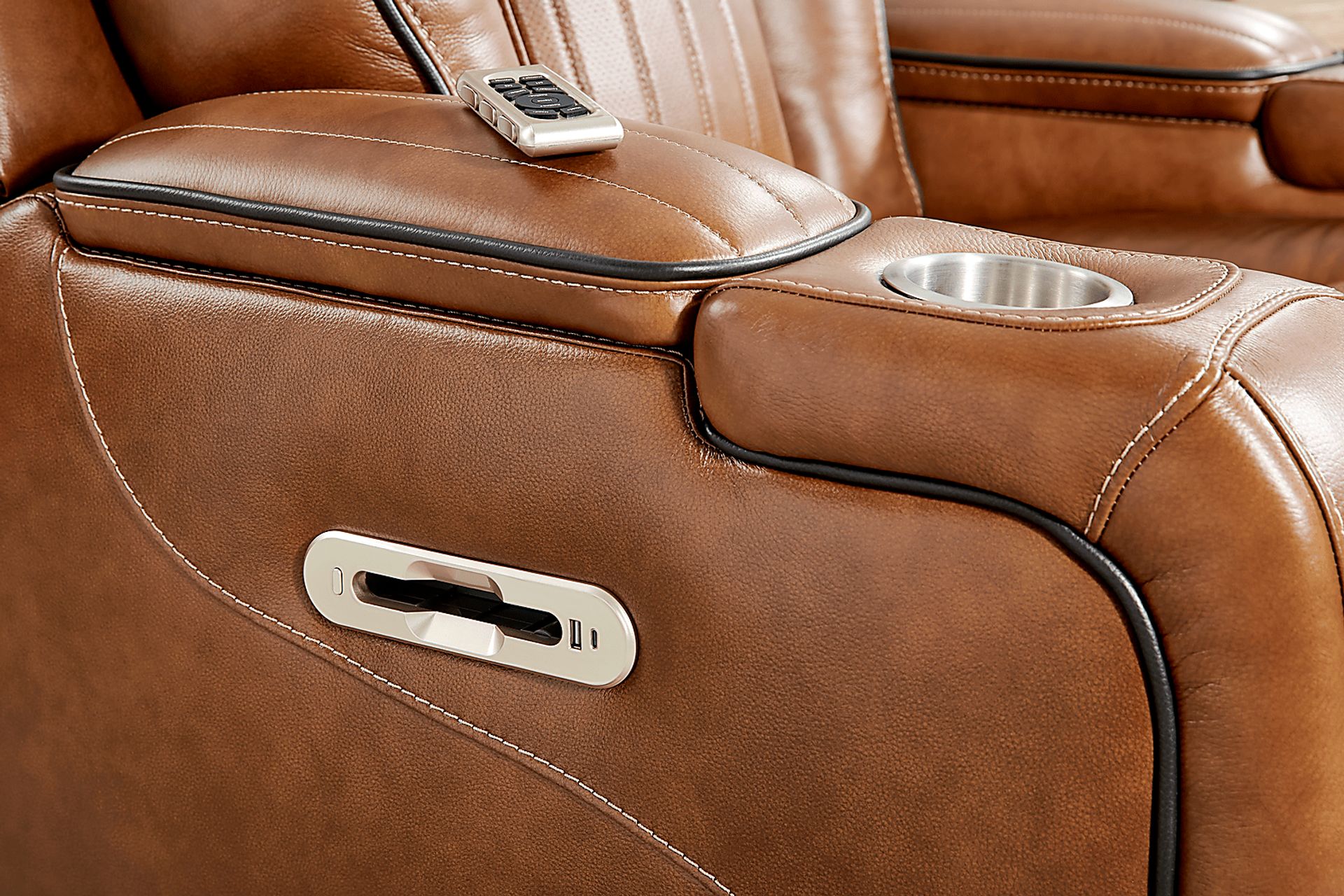 Amplify Brown 7 Pc Leather Triple Power Sectional Living Room with Recliner - Image 21