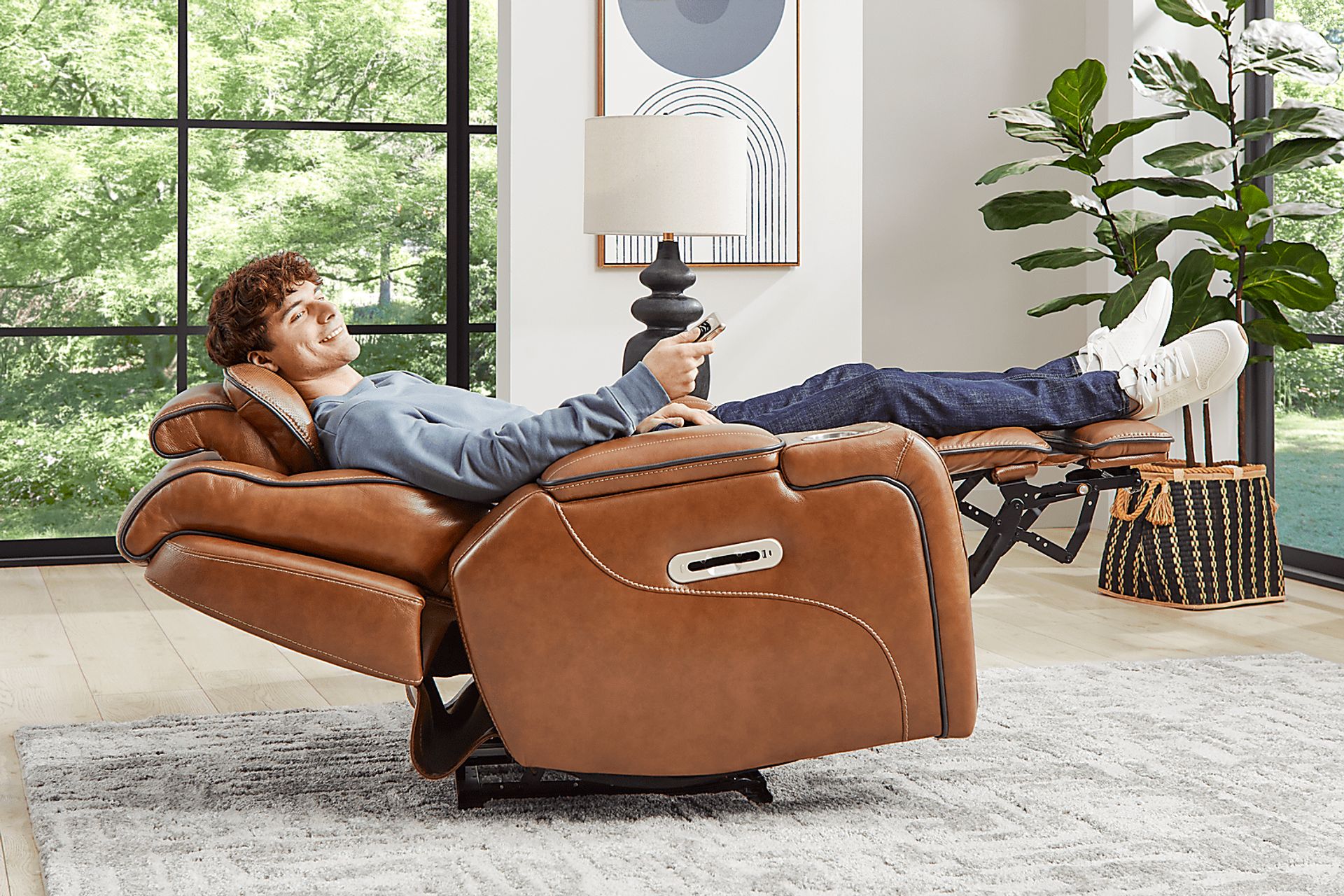 Amplify Brown 7 Pc Leather Triple Power Sectional Living Room with Recliner - Image 6