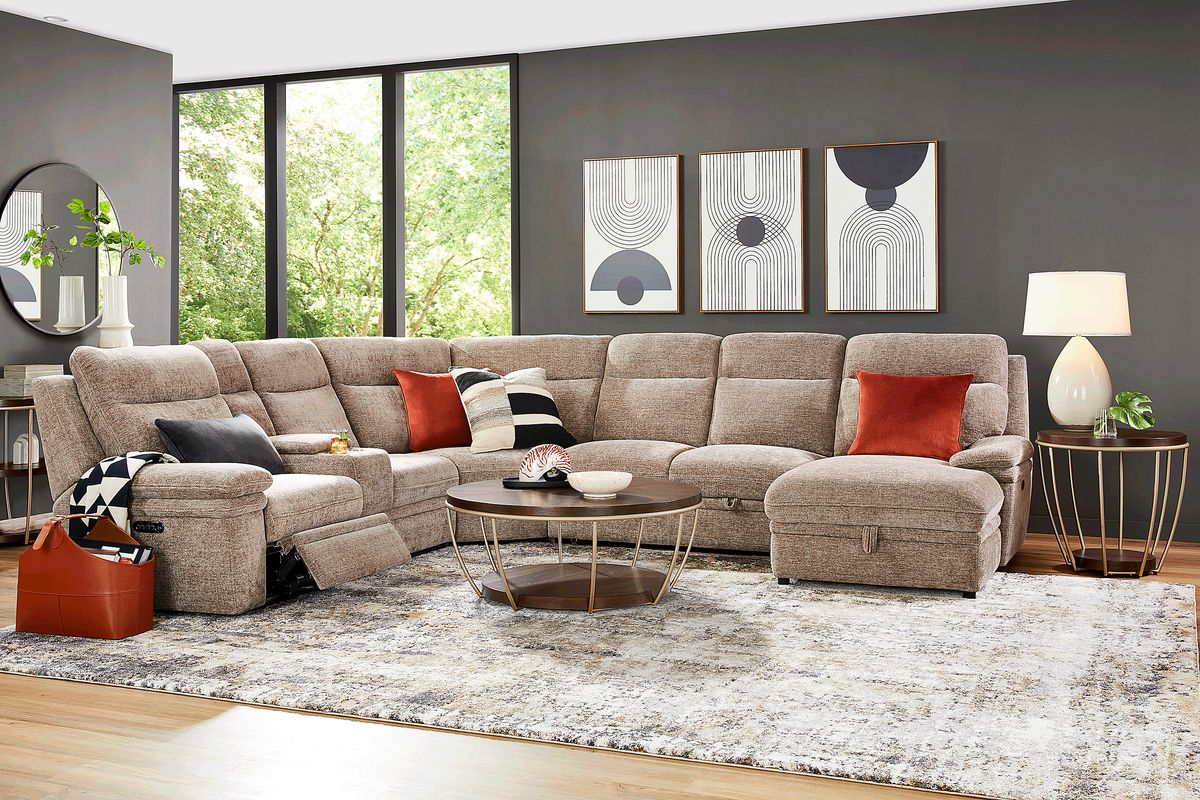 Anaheim Latte Beige Chenille Fabric 6 Pc Dual Power Reclining Sectional ...