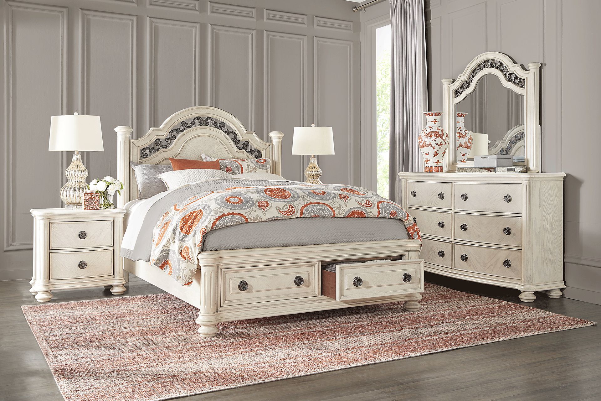 Anastasia White 7 Pc King Panel Bedroom with Storage - Image 1