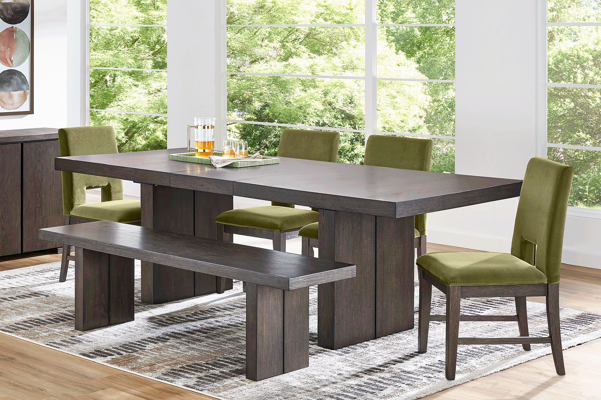 Angelica Brown 6 Pc Dining Room with Green Side Chairs and Bench - Image 1