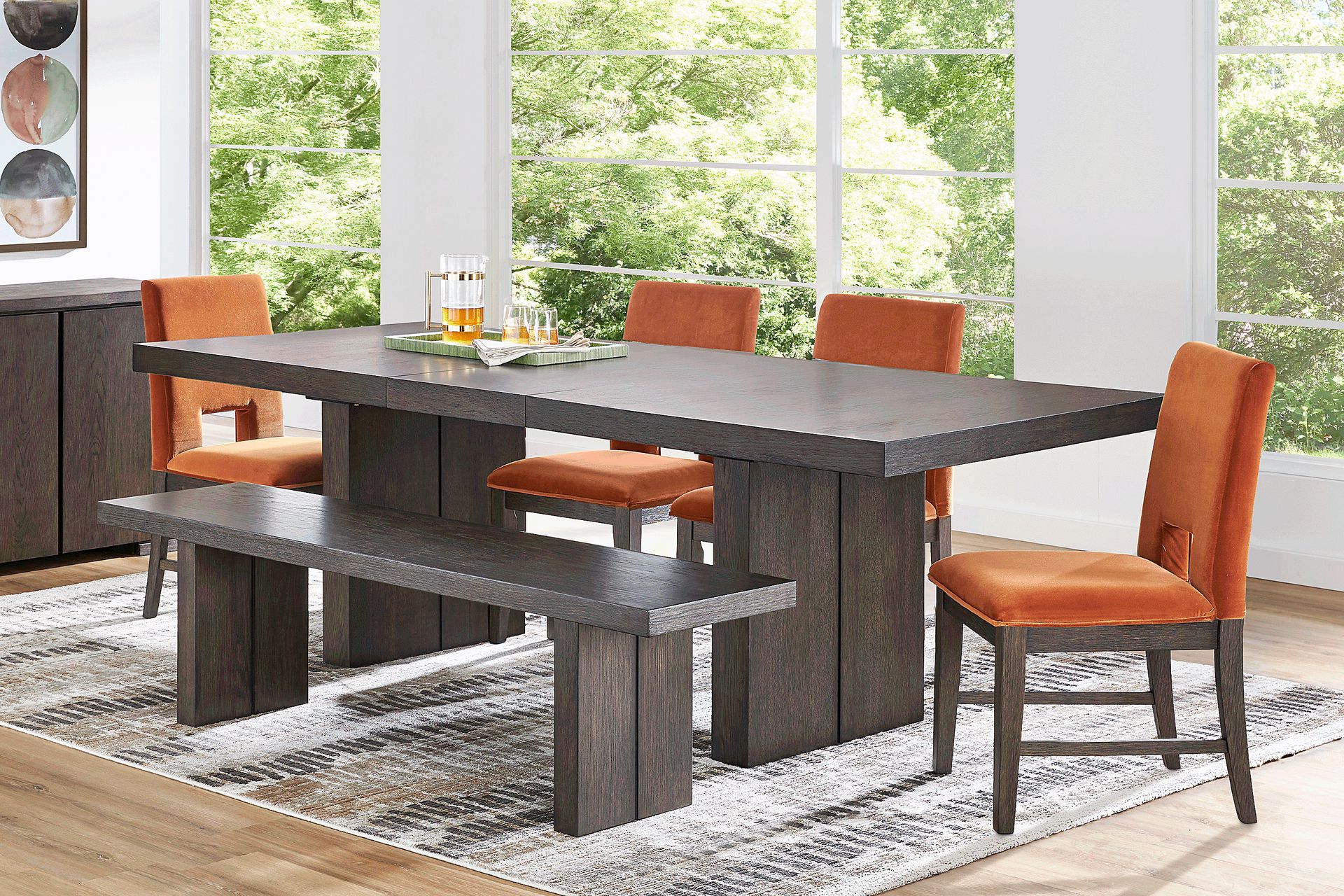 Angelica Brown 6 Pc Dining Room with Orange Side Chairs and Bench - Image 1