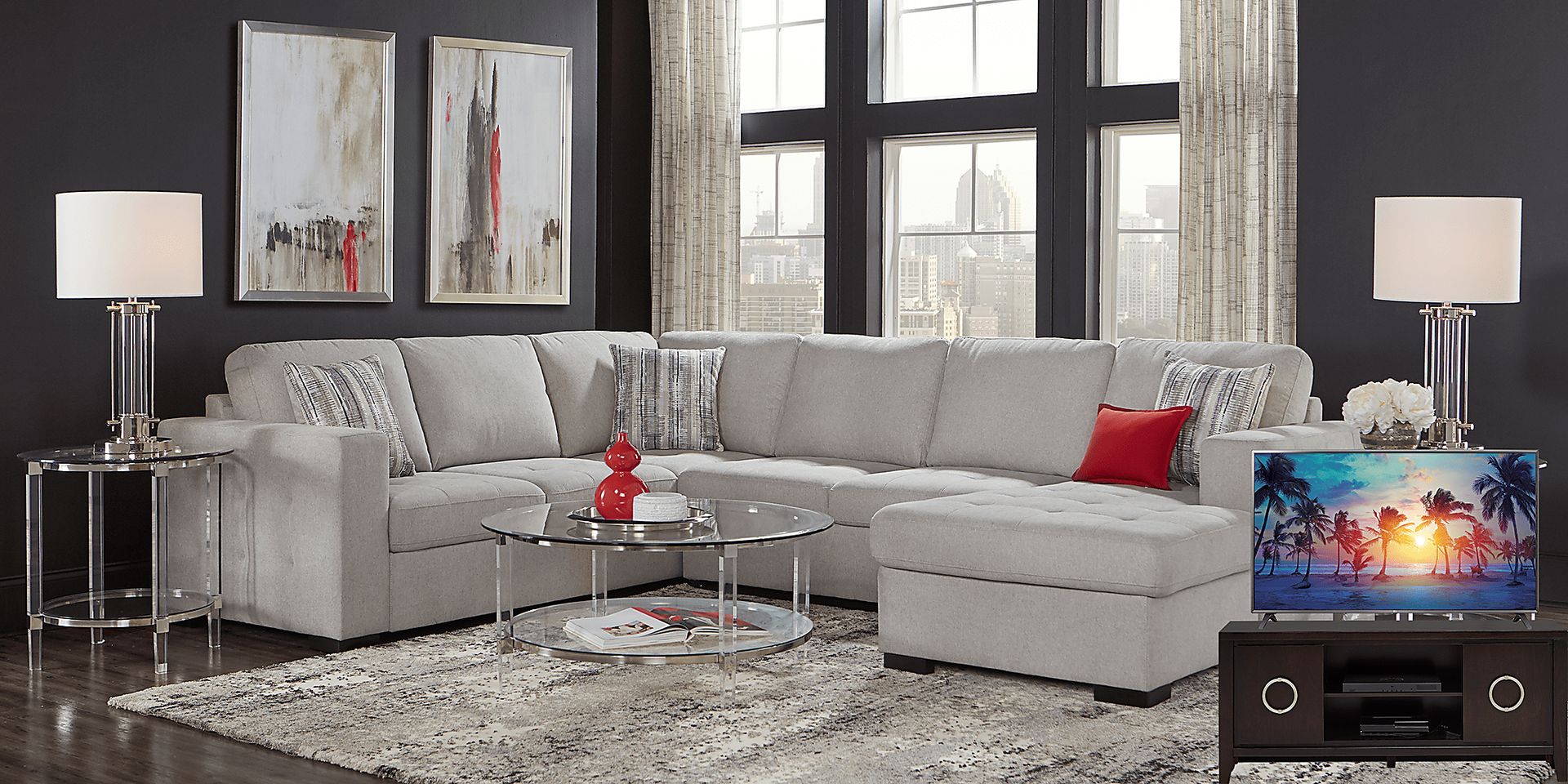 Angelino Heights Gray 7 Pc Sleeper Sectional Living Room Plus 70 in. TV - Image 1