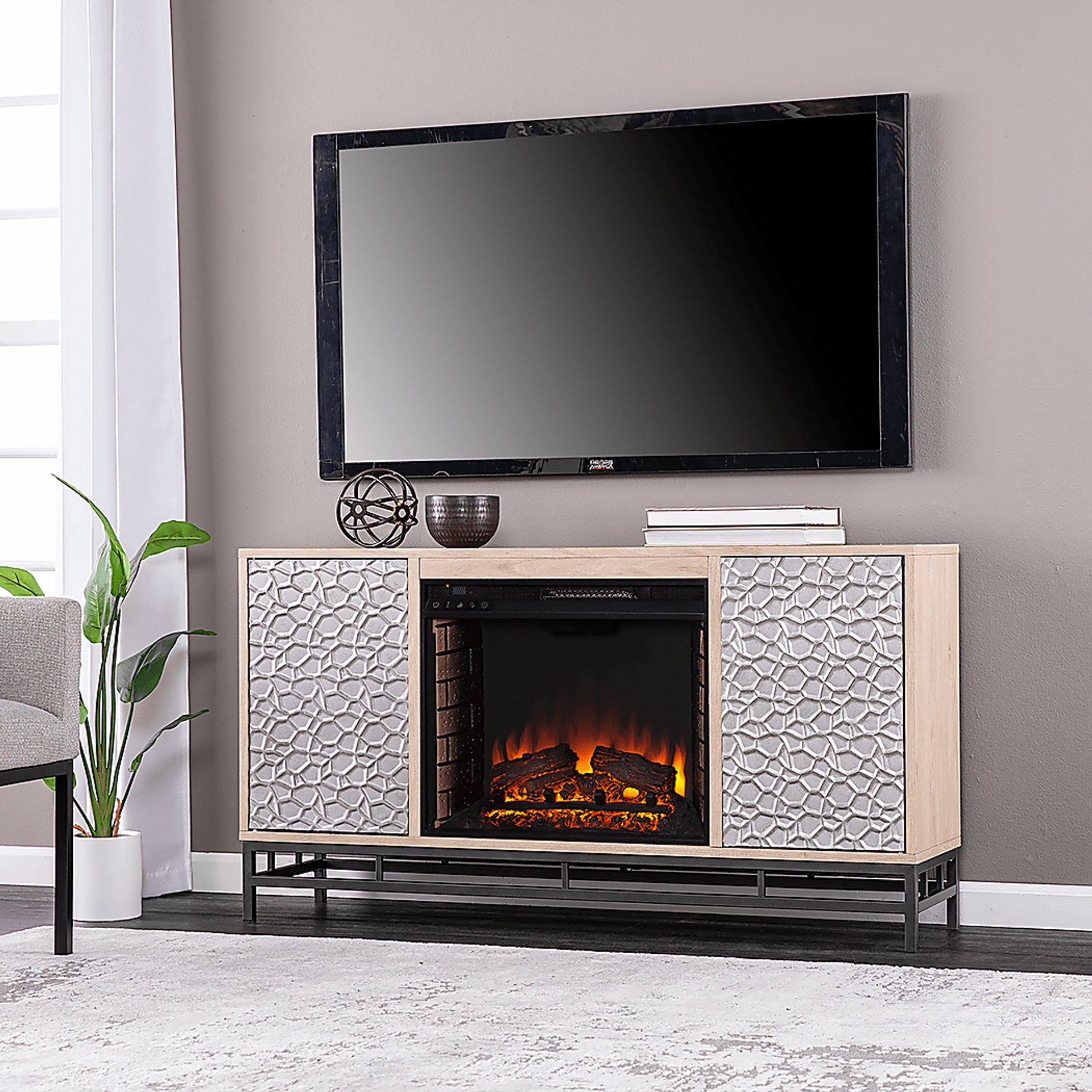 Angevine II Natural 54 in. Console, With Electric Log Fireplace - Image 2