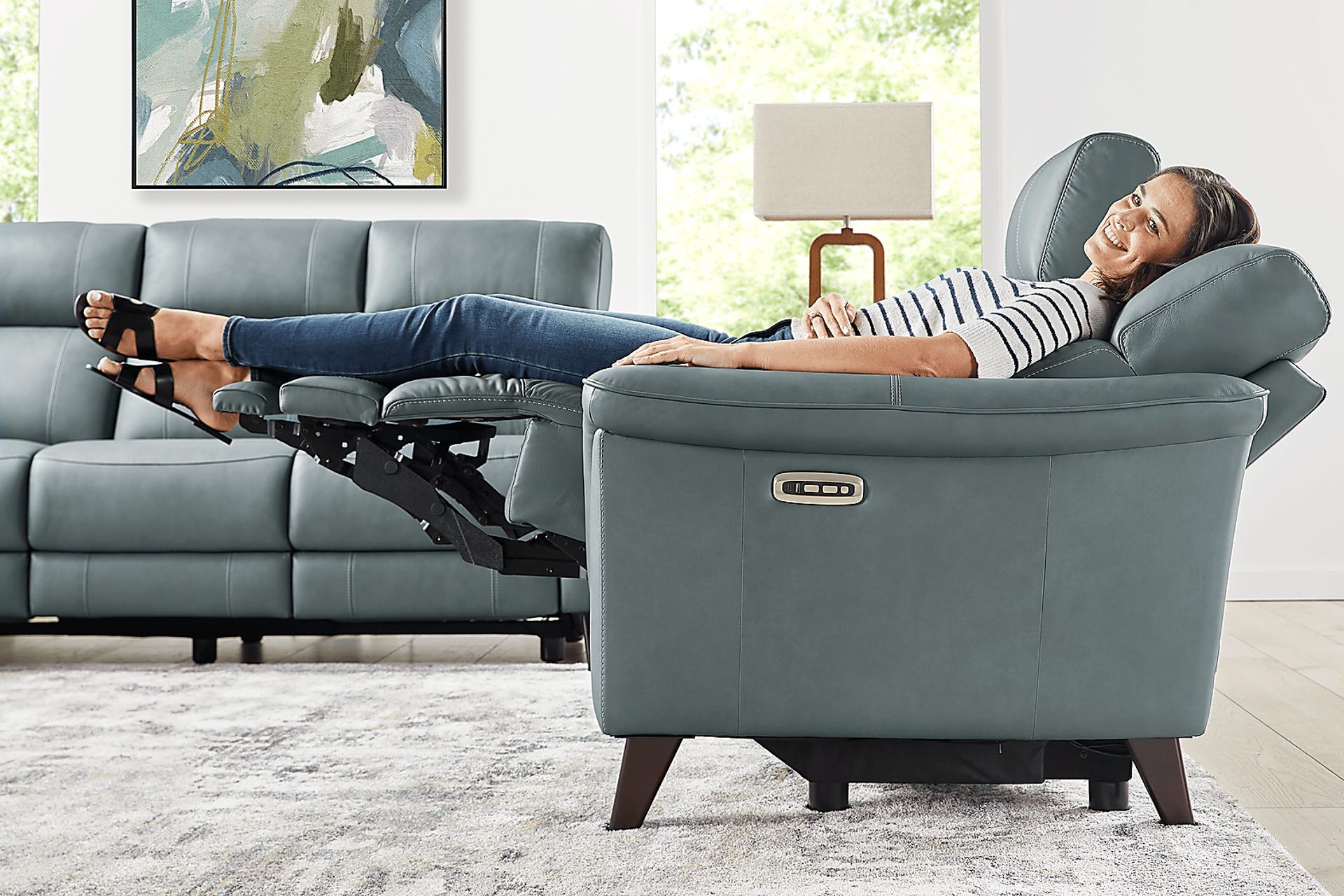 Antonella Blue Leather 7 Pc Dual Power Reclining Living Room - Image 11