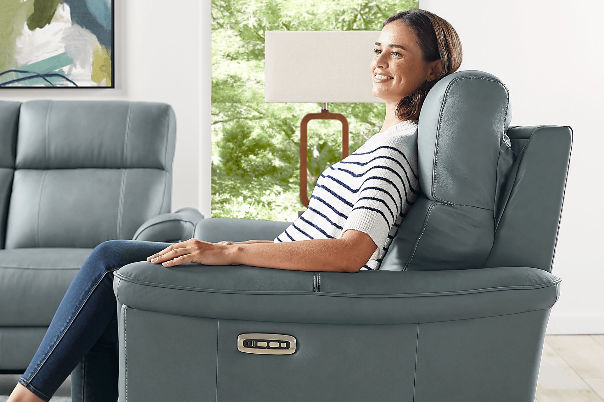 Antonella Blue Leather 7 Pc Dual Power Reclining Living Room - Image 13