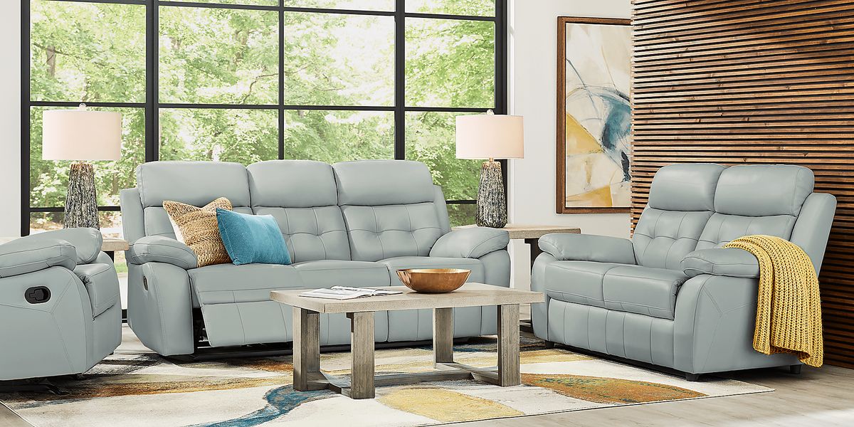 Antonin Aqua Blue Leather NonPower Reclining Sofa Rooms to Go