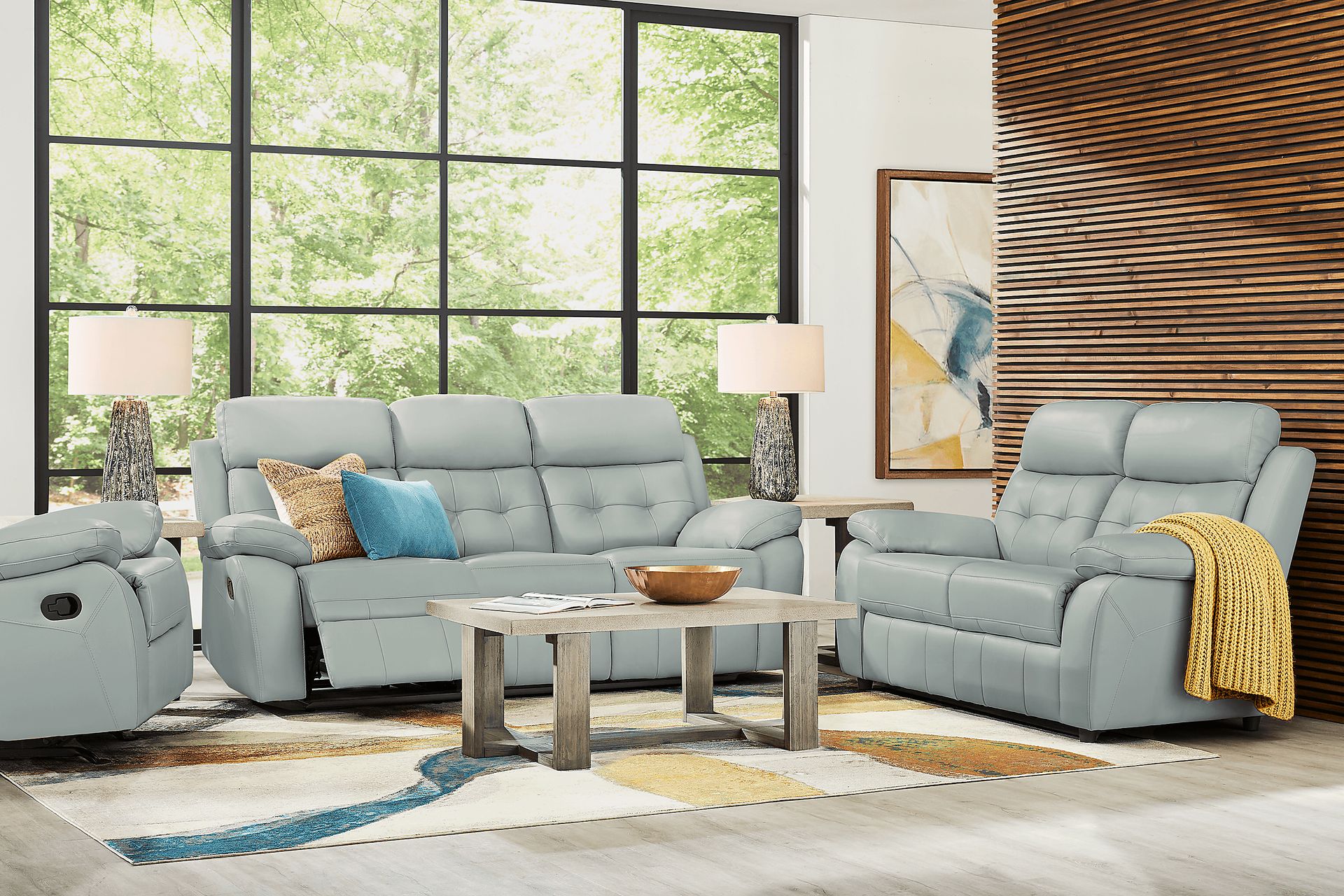 Antonin Aqua Leather 7 Pc Living Room with Reclining Sofa - Image 1