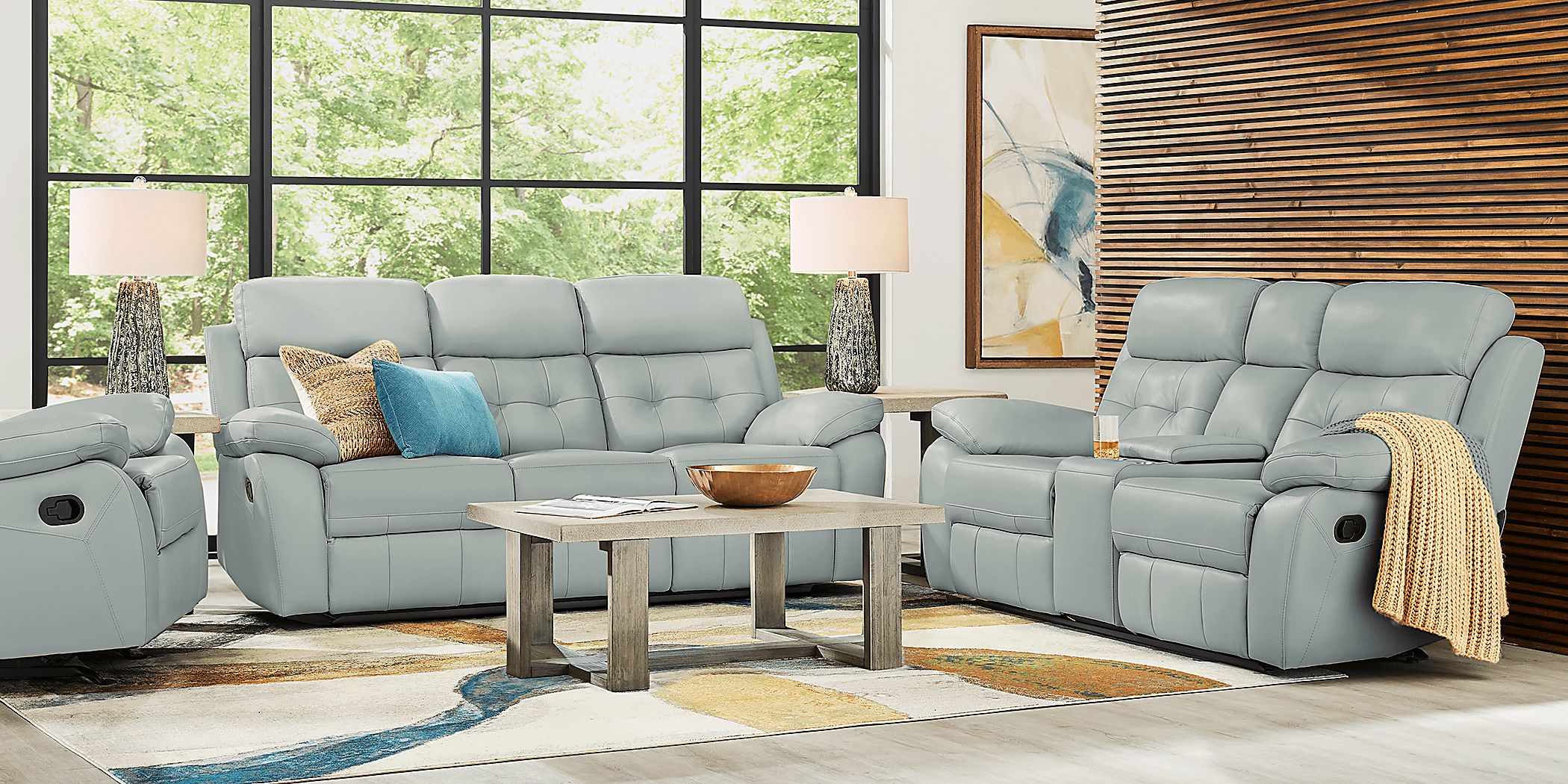 Antonin 7 Pc Aqua Blue Leather NonPower Reclining Living Room Set With