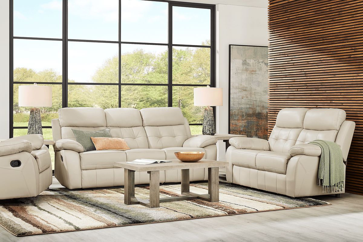 Antonin 3 Pc Beige Leather Non-Power Reclining Living Room Set With ...