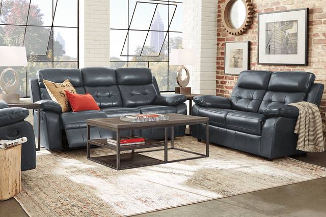 Antonin Blue Leather 3 Pc Living Room with Reclining Sofa - Thumbnail - Image 1