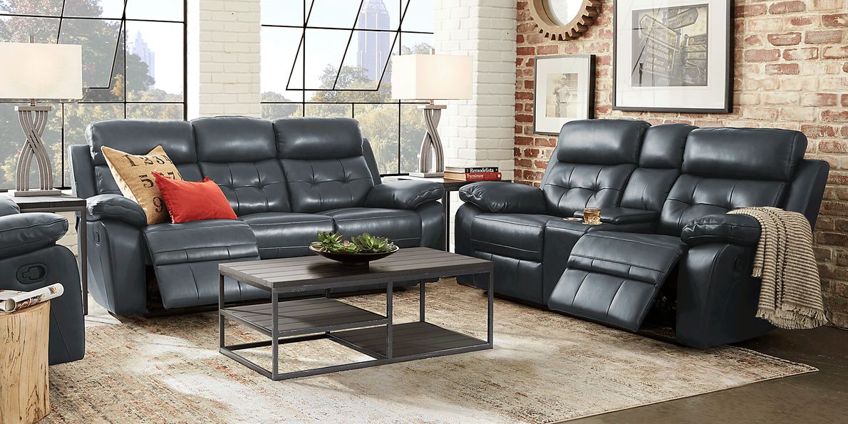 Antonin 5 Pc Blue Leather Non Power Reclining Living Room Set With