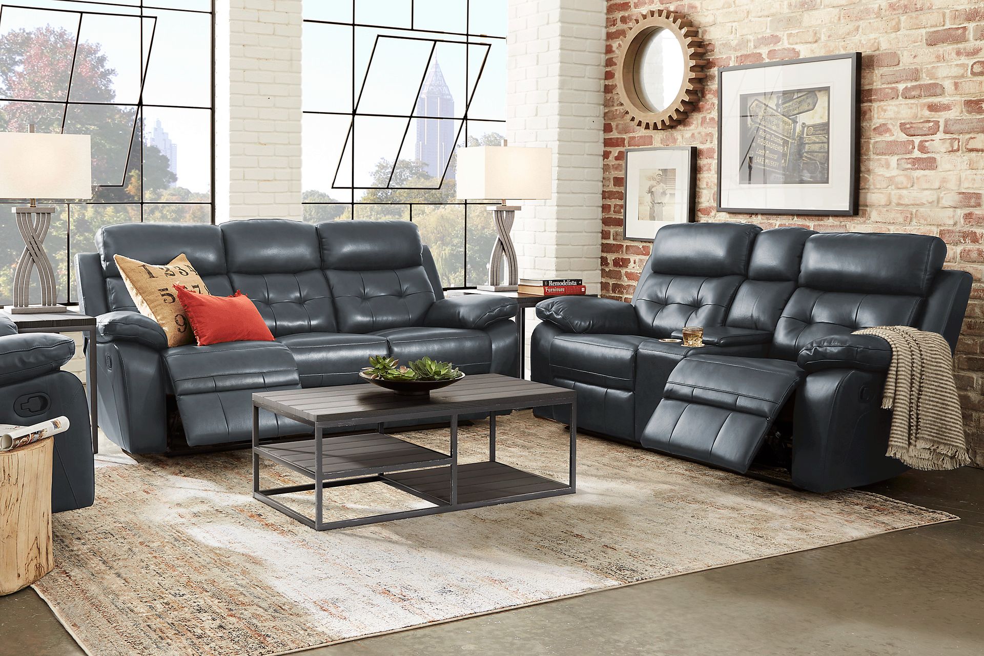 Antonin Blue Leather 5 Pc Reclining Living Room - Image 1