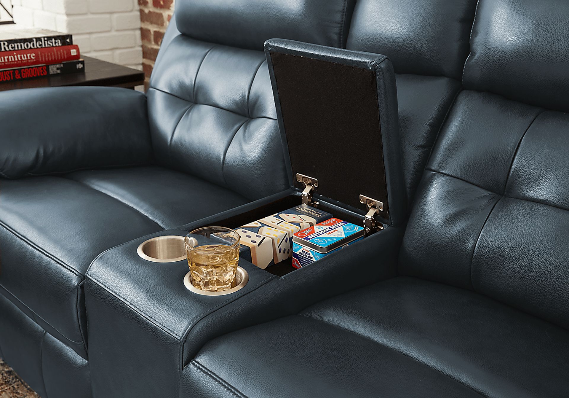 Antonin Blue Leather Reclining Console Loveseat - Image 6