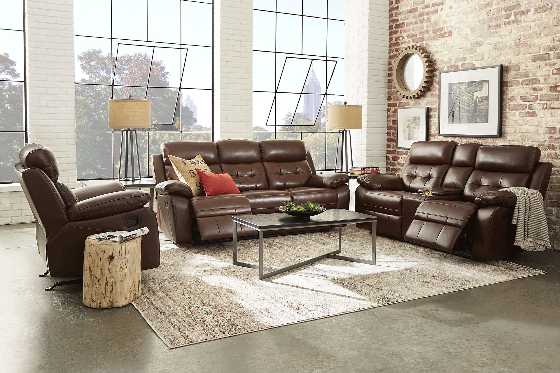 pairscassina 革オットマン Antonin 5 Pc Brown Leather Non-Power Reclining Living Room Set