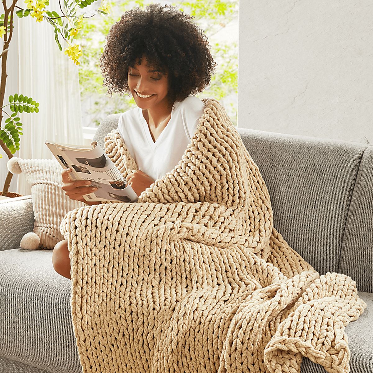 Apenzell Tan Beige,Brown Acrylic Fabric Throw Blanket | Rooms to Go