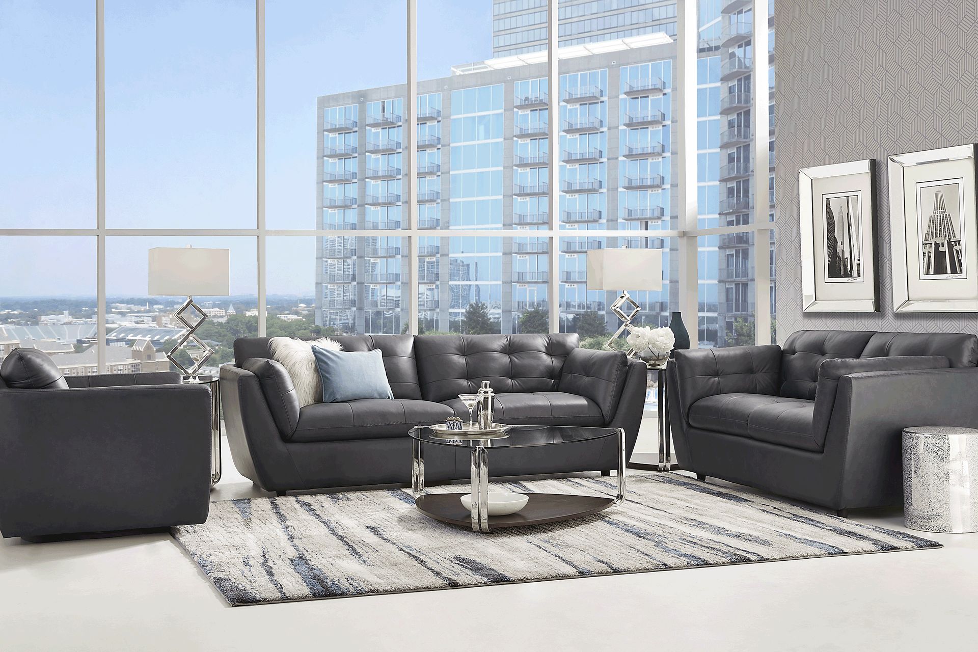 Aragon Blue Leather 5 Pc Living Room - Image 1