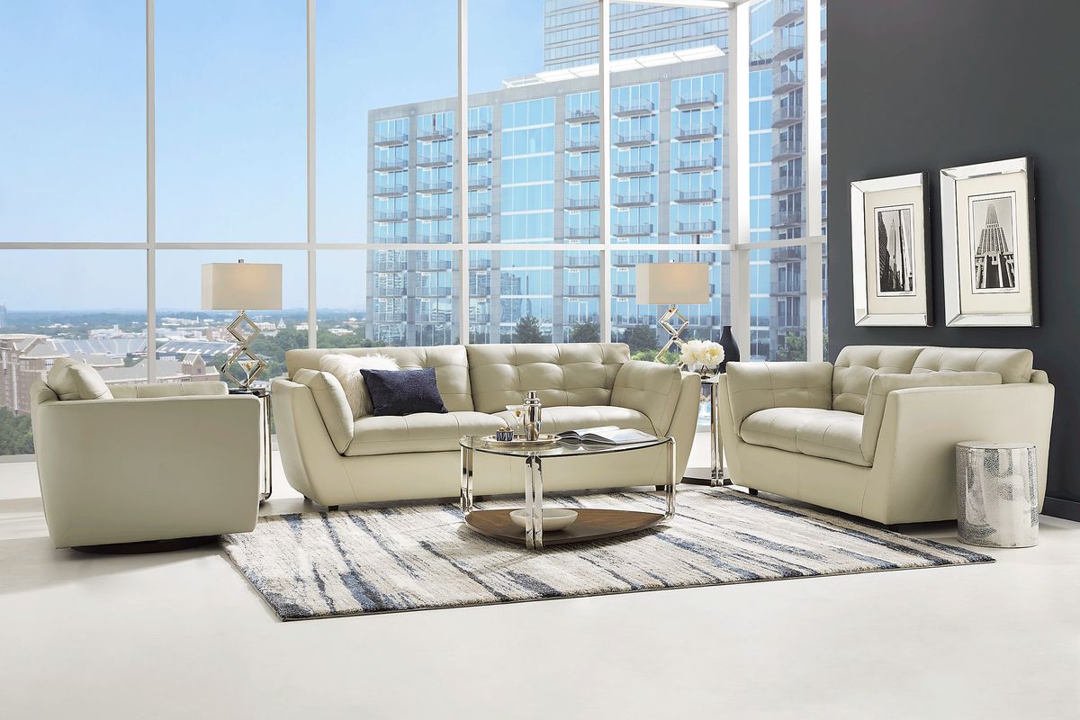 Aragon 3 Pc Platinum Beige Leather Living Room Set With Sofa, Loveseat ...