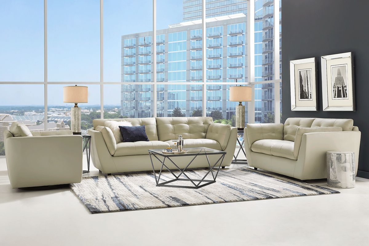Aragon 6 Pc Platinum Beige Leather Living Room Set With Sofa, Loveseat ...