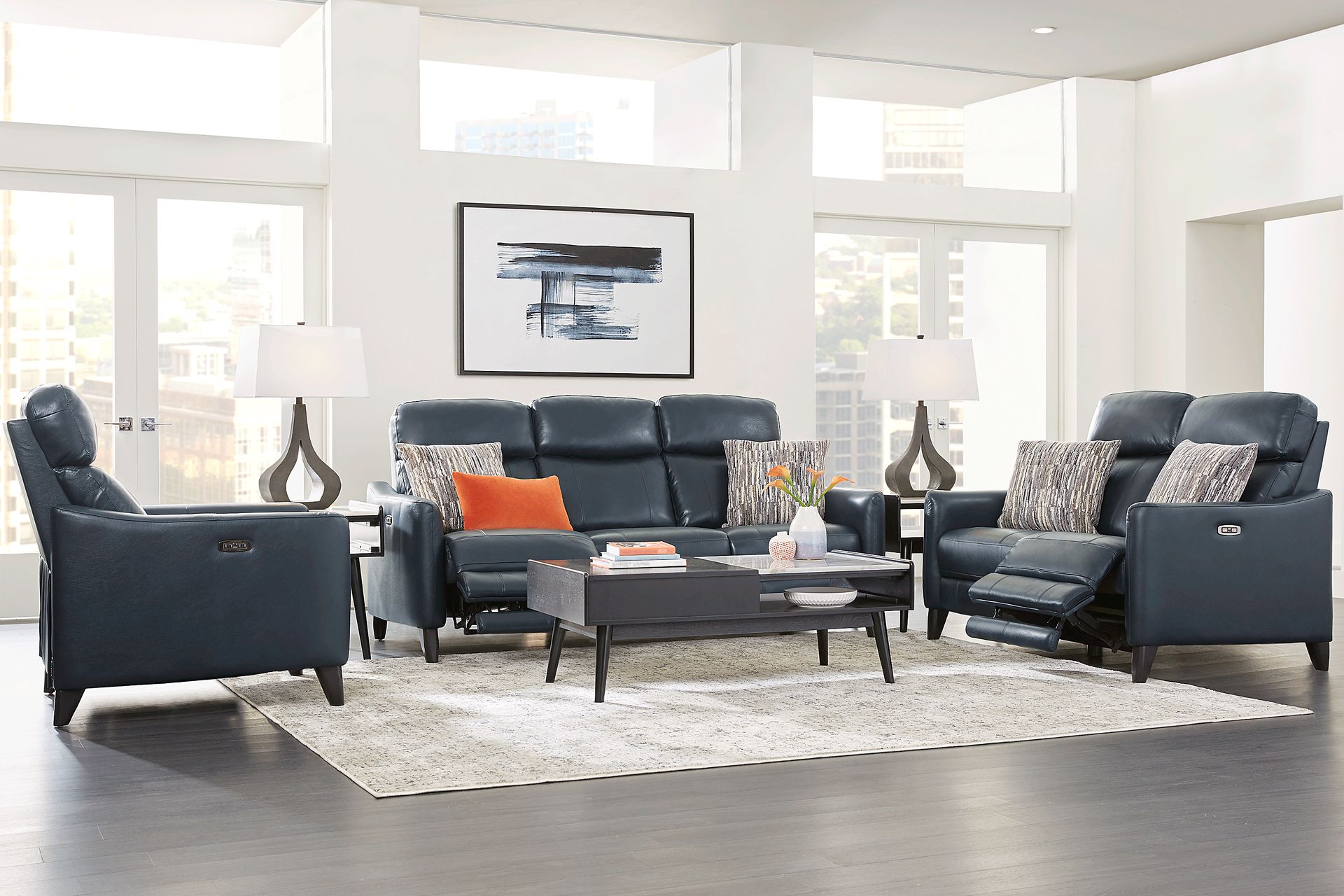 Arilio Navy Leather 2 Pc Living Room with Dual Power Reclining Sofa - Image 1