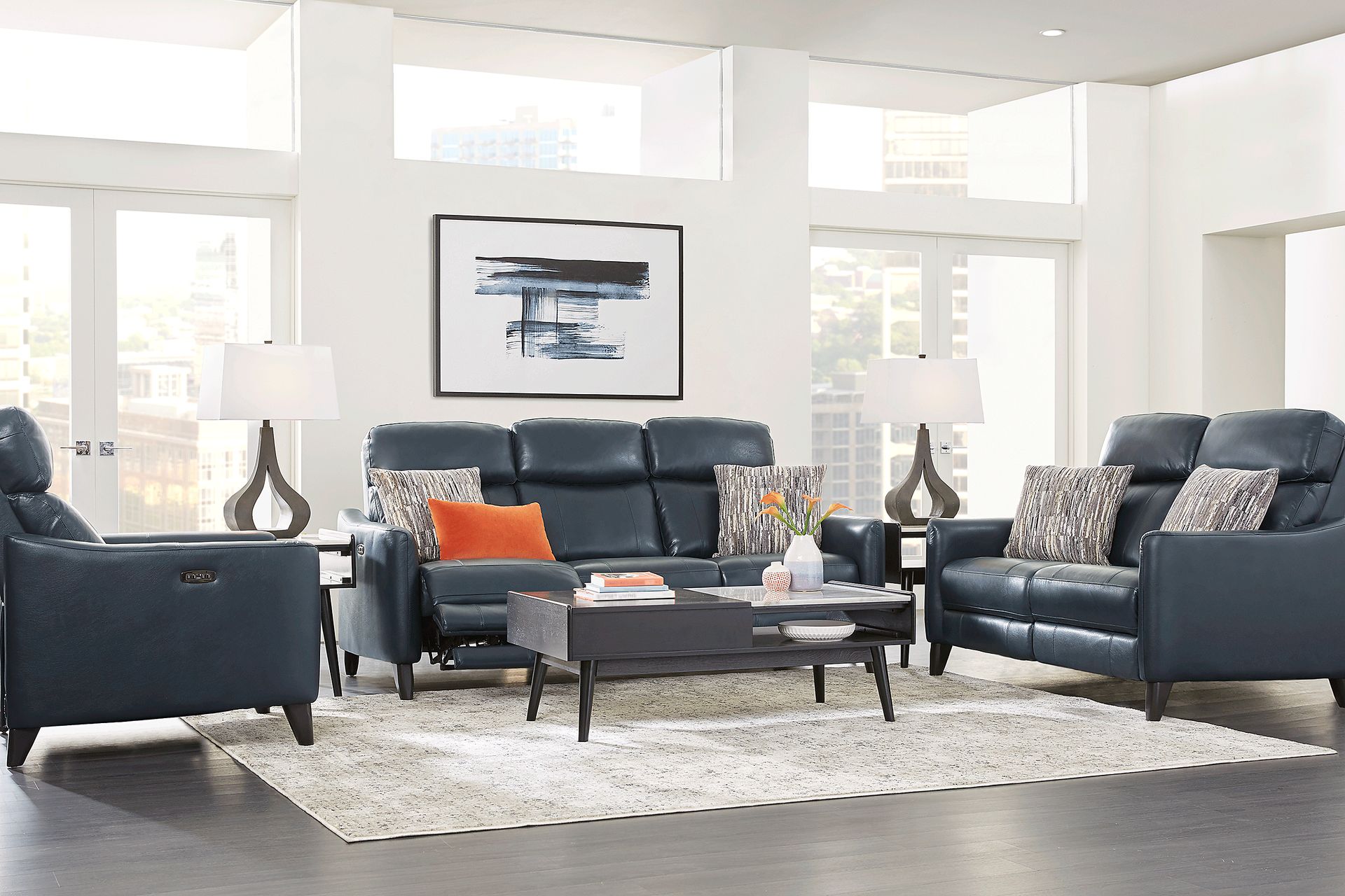 Arilio Navy Leather 2 Pc Living Room with Dual Power Reclining Sofa - Image 1