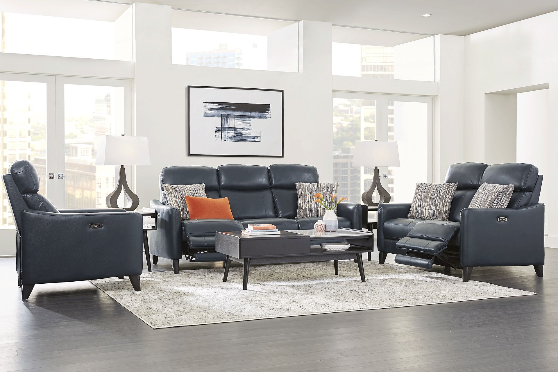 Arilio Navy Leather 3 Pc Dual Power Reclining Living Room - Image 1