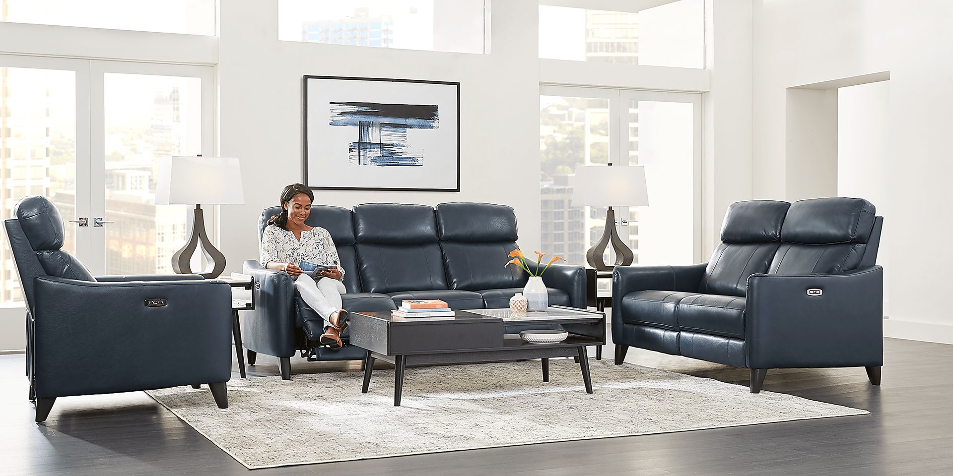 Arilio Navy Leather 3 Pc Dual Power Reclining Living Room - Image 2