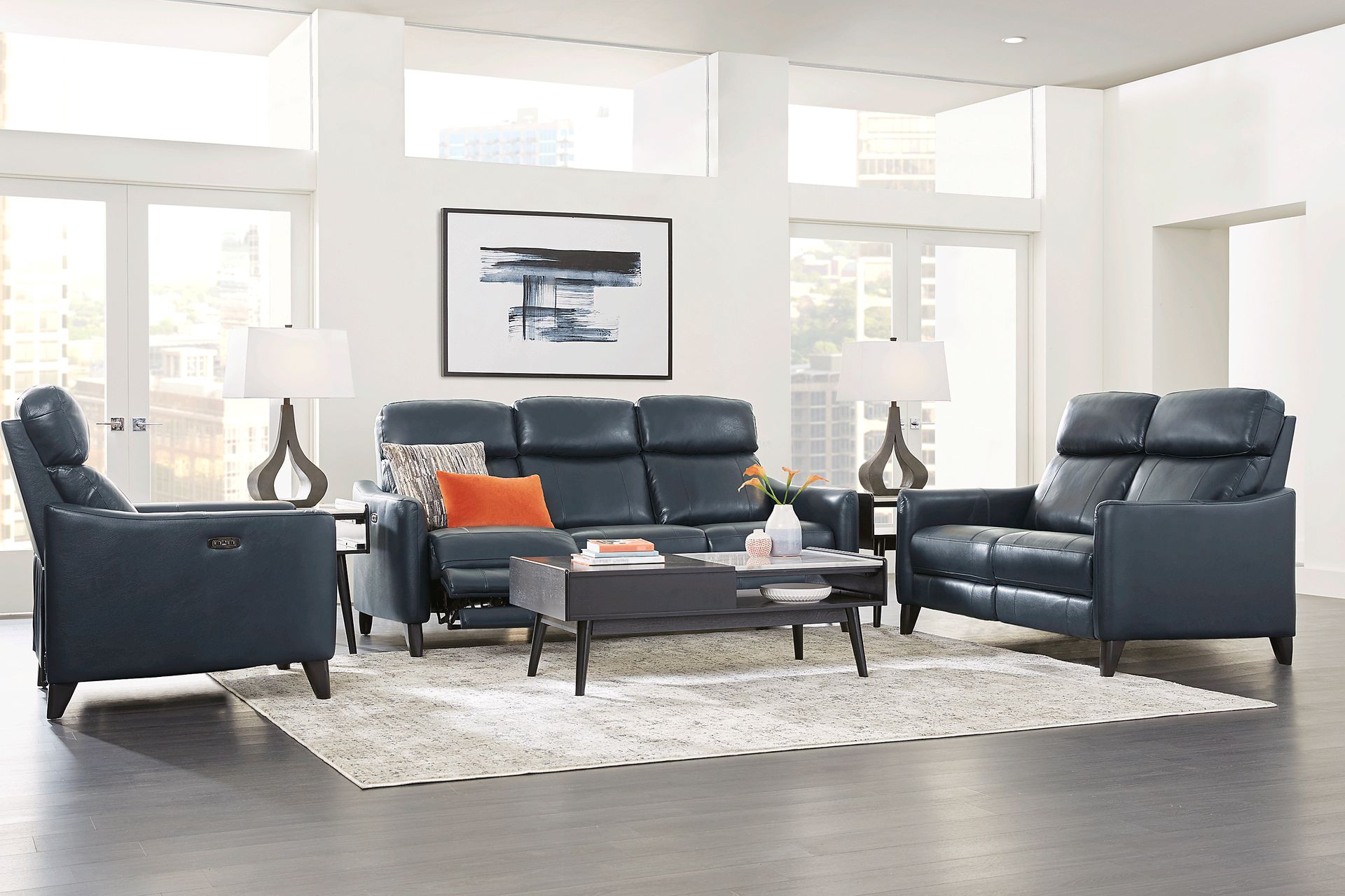 Arilio Navy Leather 3 Pc Living Room with Dual Power Reclining Sofa - Image 1
