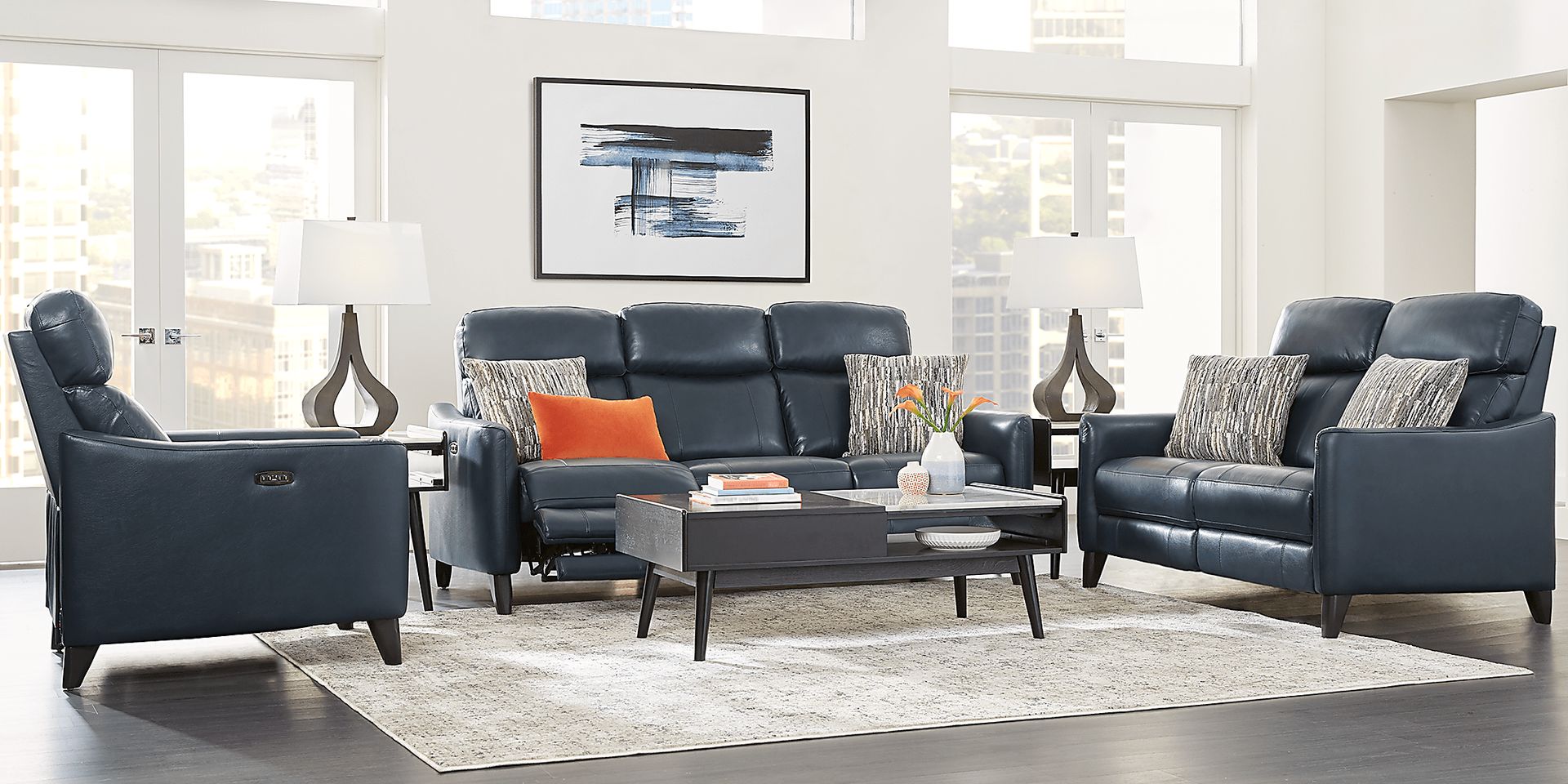 Arilio Navy Leather 7 Pc Living Room with Dual Power Reclining Sofa - Image 1